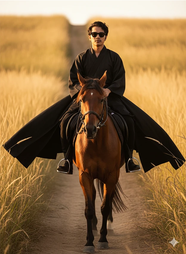Cinematic Elegance — Modern Rider in Traditional Silhouette