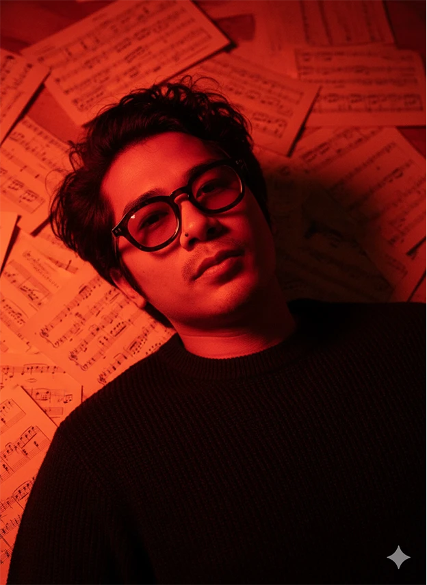 Crimson Sonata — Moody Cinematic Portrait on Vintage Sheet Music