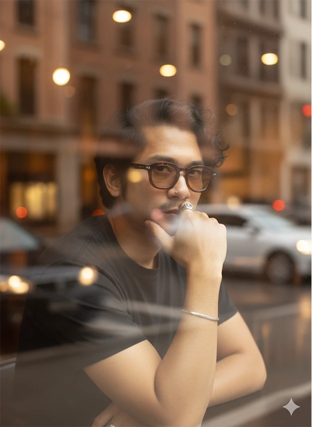 Café Reflections — Moody Editorial Portrait