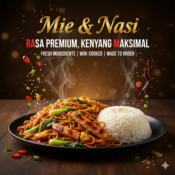 Mie & Nasi — Rasa Premium, Kenyang Maksimal | Cinematic Food Poster