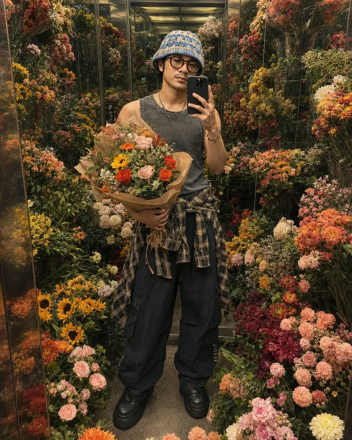 Elevator Mirror Selfie with Flower