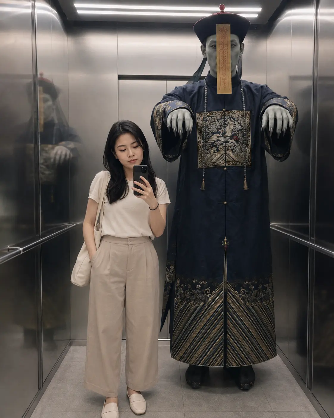 Elevator Selfie with Jianshi (Chinese Vampire)