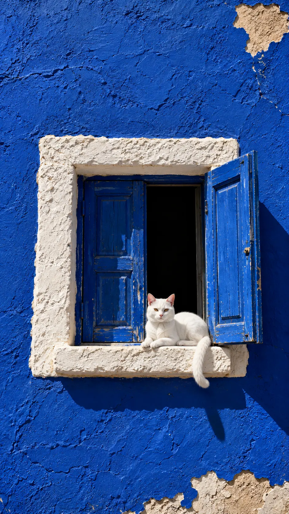 White Cat on Withered Blue Wall