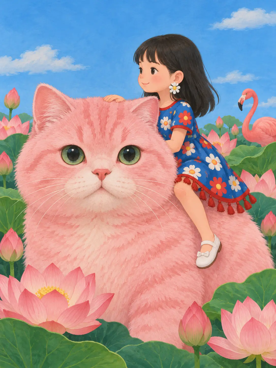 Classic Asian Whimsical Cat and Girl Illustration